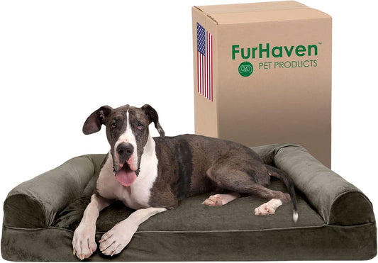 Memory Foam Dog Bed for Large Dogs W/ Removable Bolsters & Washable Cover, for Dogs up to 125 Lbs - Faux Fur & Velvet Sofa - Dark Sage, Jumbo Plus/Xxl
