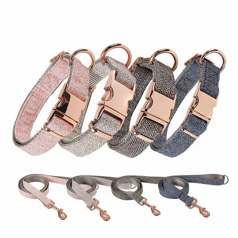 Hot Selling Wholesale Twill-Nylon Webbing Dog Collars Adjustable Luxury Metal Buckle Tweed Pet Collar and Leash Set