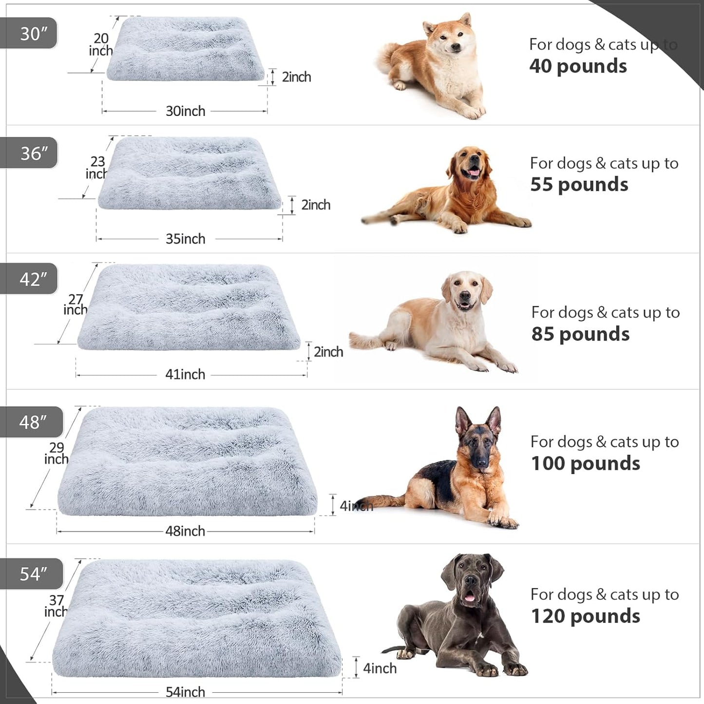 Dog Bed, Extra Large, Plush Soft Pet Beds for XL Dogs, Crate Pad, Washable, 41L X 27W X 2H Inches, 100 Lbs Capacity, Grey