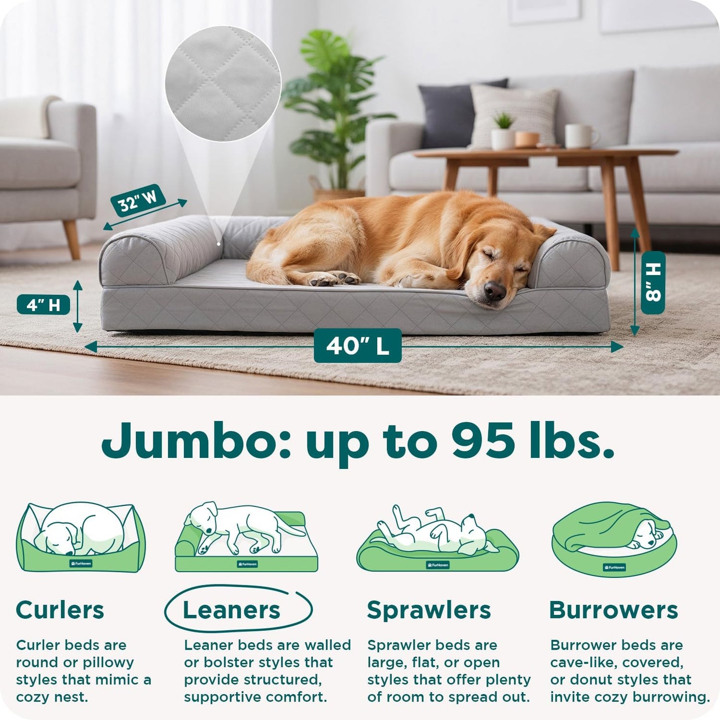 Cooling Gel Dog Bed for Large Dogs W/ Removable Bolsters & Washable Cover, for Dogs up to 95 Lbs - Quilted Sofa - Silver Gray, Jumbo/Xl