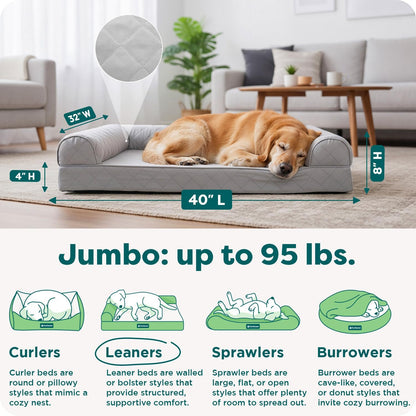 Cooling Gel Dog Bed for Large Dogs W/ Removable Bolsters & Washable Cover, for Dogs up to 95 Lbs - Quilted Sofa - Silver Gray, Jumbo/Xl
