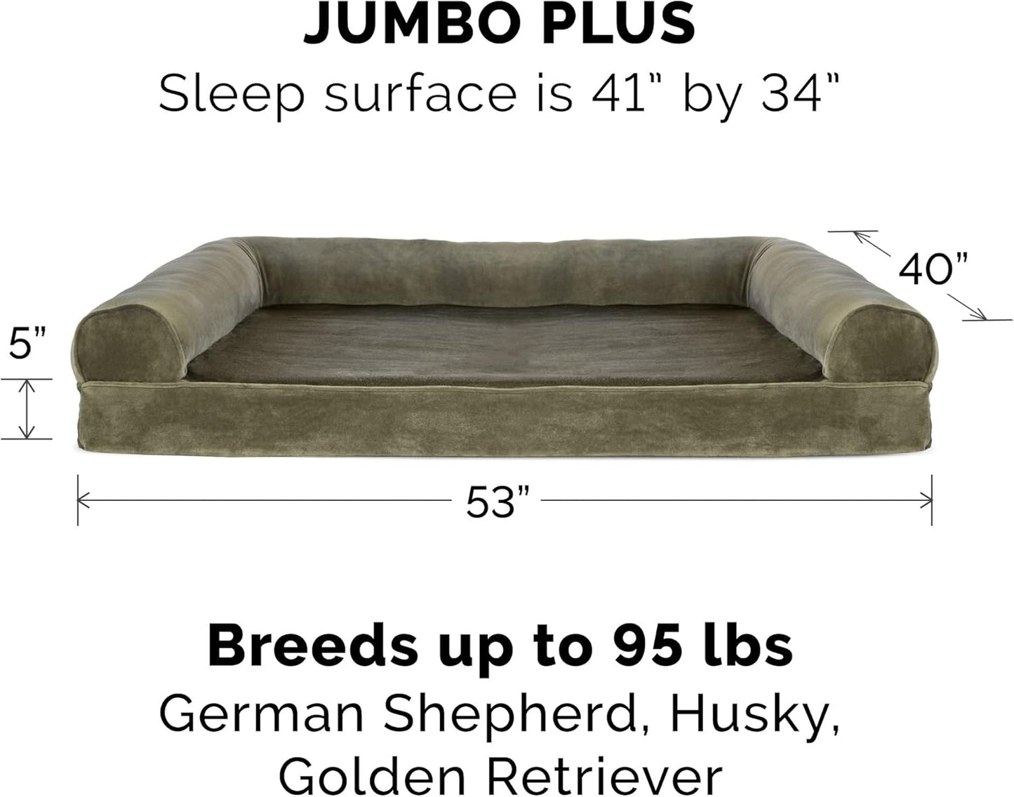 Memory Foam Dog Bed for Large Dogs W/ Removable Bolsters & Washable Cover, for Dogs up to 125 Lbs - Faux Fur & Velvet Sofa - Dark Sage, Jumbo Plus/Xxl
