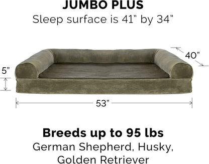Memory Foam Dog Bed for Large Dogs W/ Removable Bolsters & Washable Cover, for Dogs up to 125 Lbs - Faux Fur & Velvet Sofa - Dark Sage, Jumbo Plus/Xxl