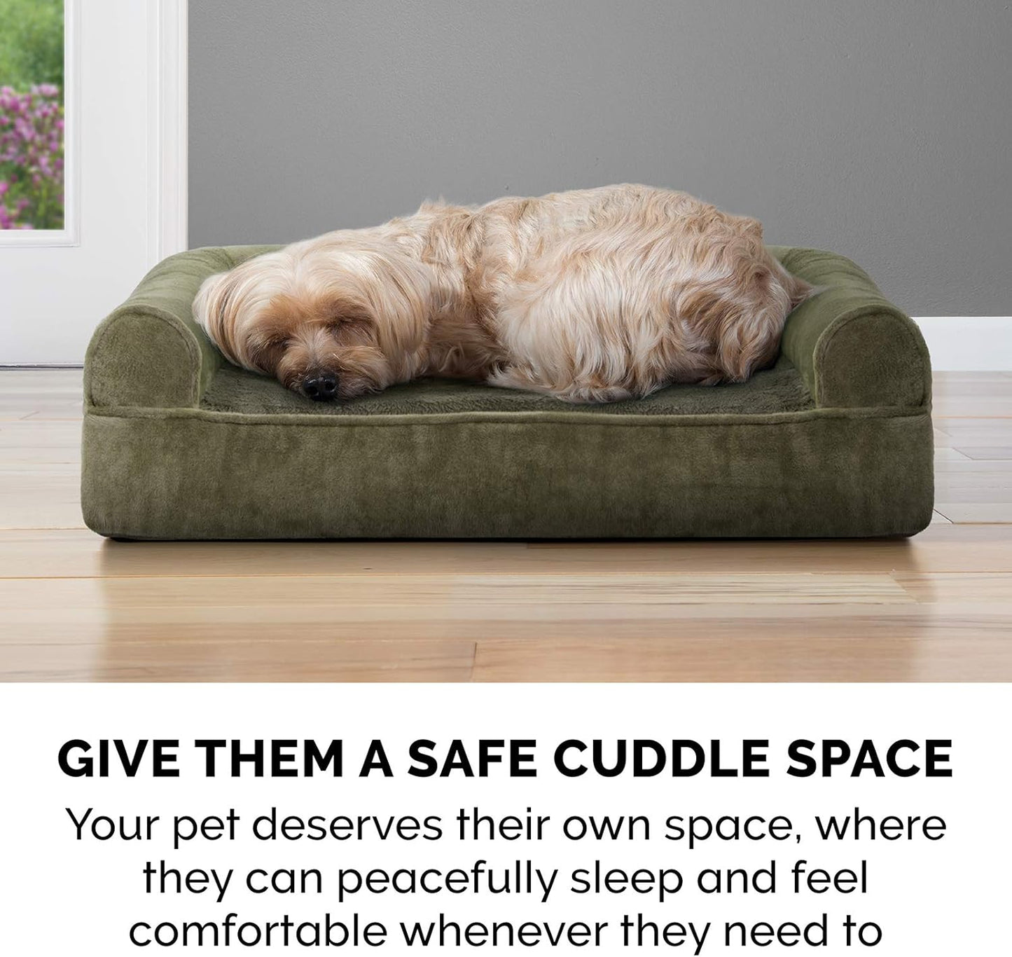 Memory Foam Dog Bed for Large Dogs W/ Removable Bolsters & Washable Cover, for Dogs up to 125 Lbs - Faux Fur & Velvet Sofa - Dark Sage, Jumbo Plus/Xxl