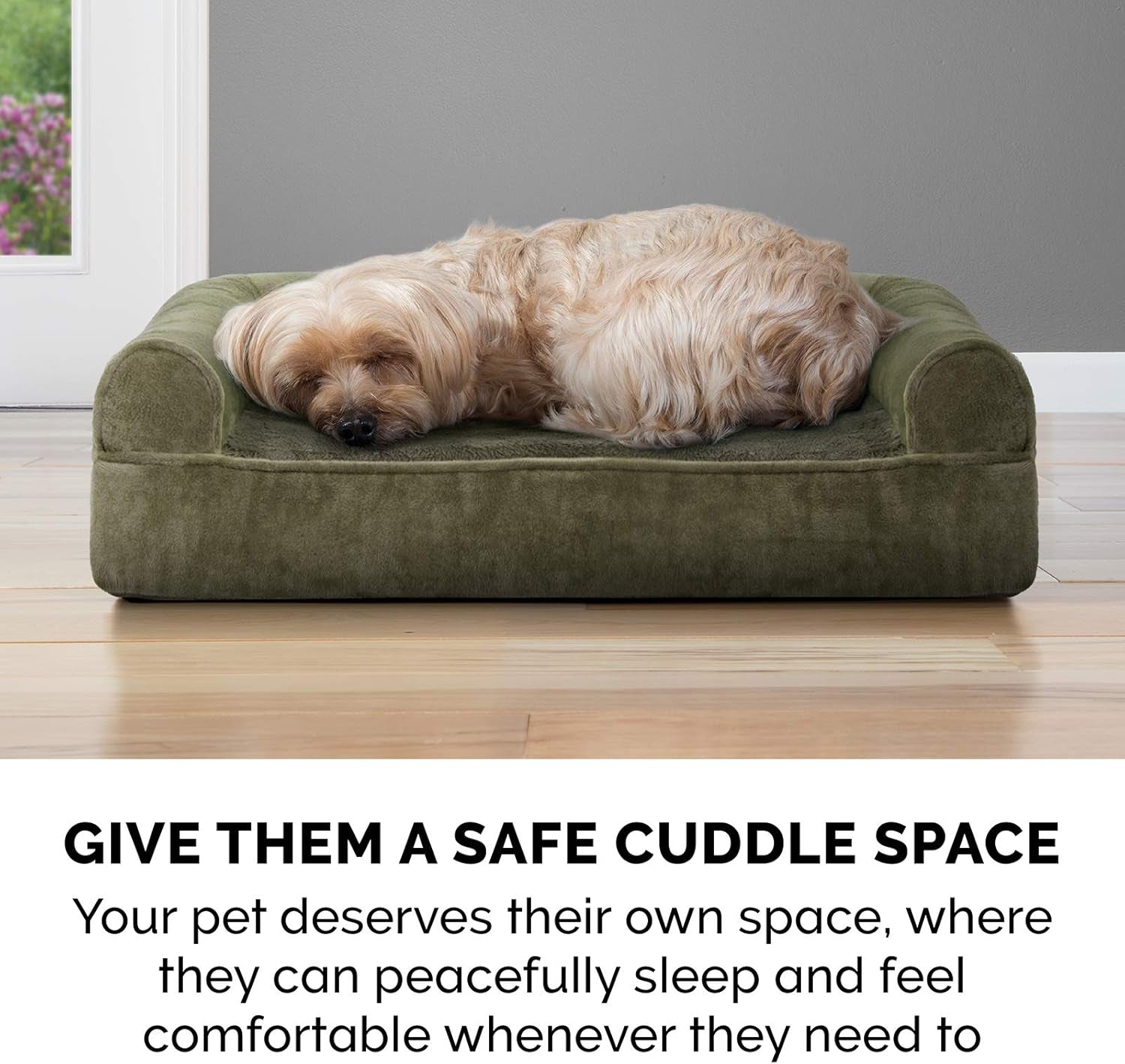 Memory Foam Dog Bed for Large Dogs W/ Removable Bolsters & Washable Cover, for Dogs up to 125 Lbs - Faux Fur & Velvet Sofa - Dark Sage, Jumbo Plus/Xxl