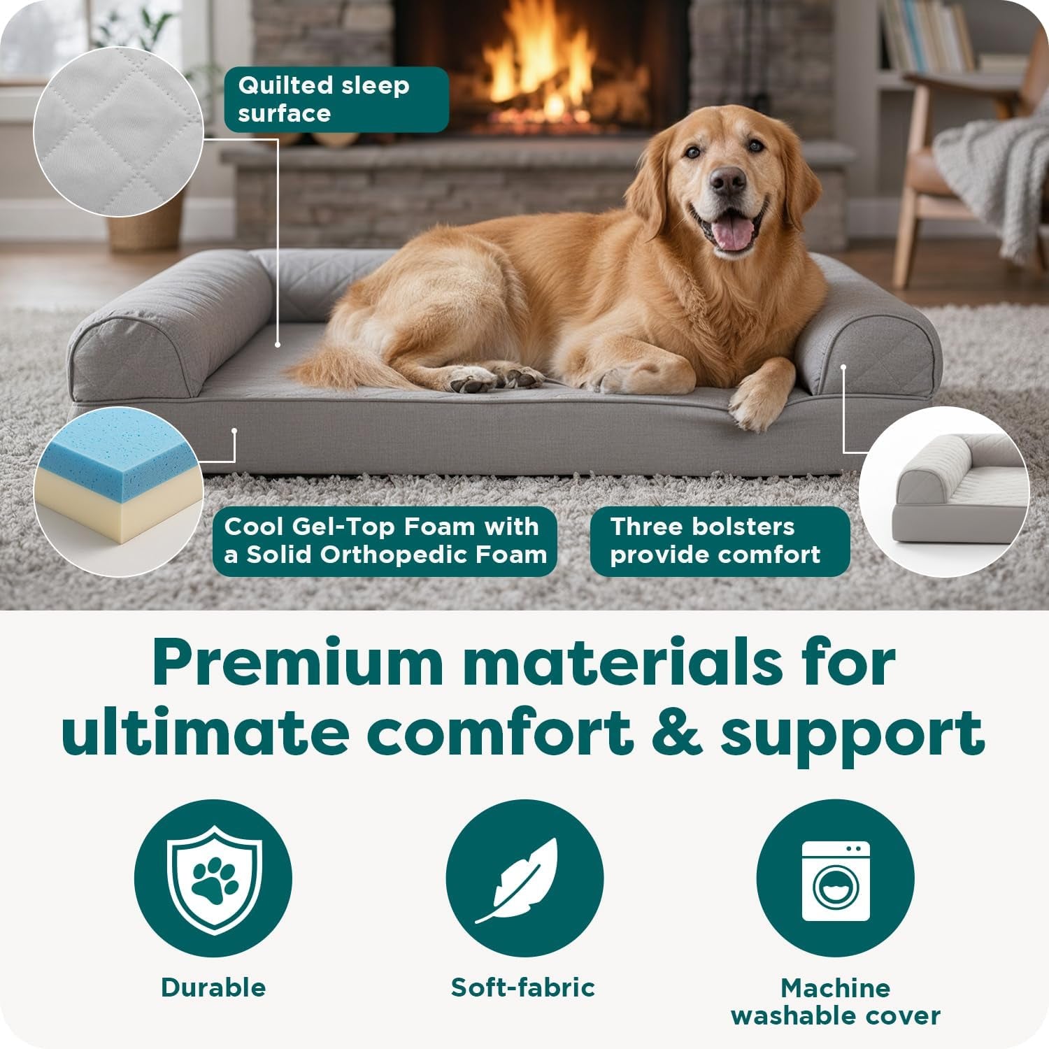 Cooling Gel Dog Bed for Large Dogs W/ Removable Bolsters & Washable Cover, for Dogs up to 95 Lbs - Quilted Sofa - Silver Gray, Jumbo/Xl